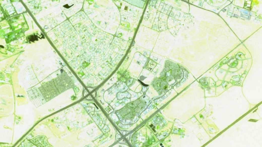 Sentinel-2 false-colour urban composite of the Dubai Silicon Oasis corridor